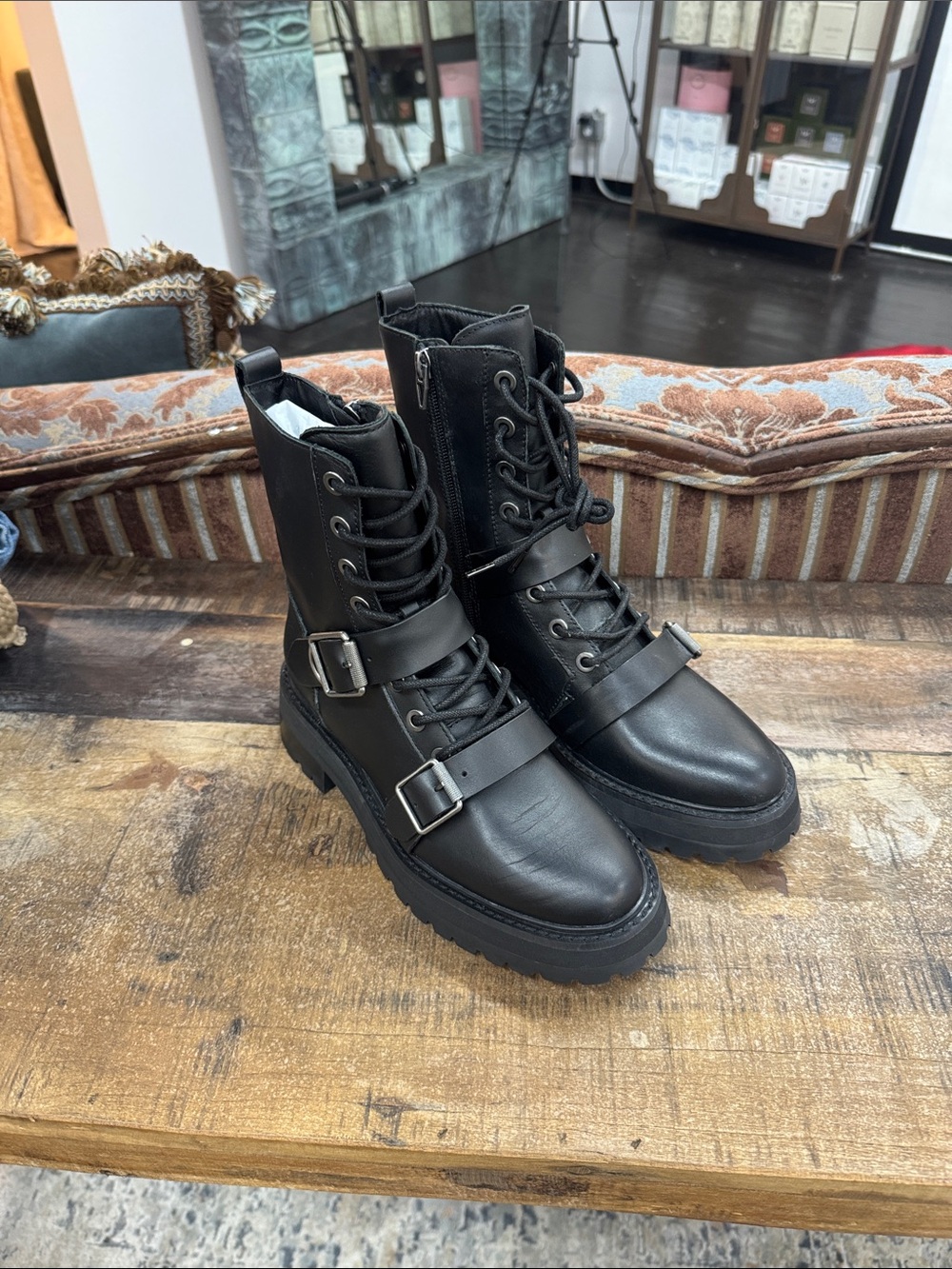 Steve Madden Black Leather Buckle Combat Boots - Men's